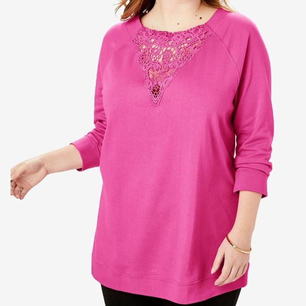 Roamans Womens Plus Size Pink Lace Insert Top 18/20 Long Sleeve